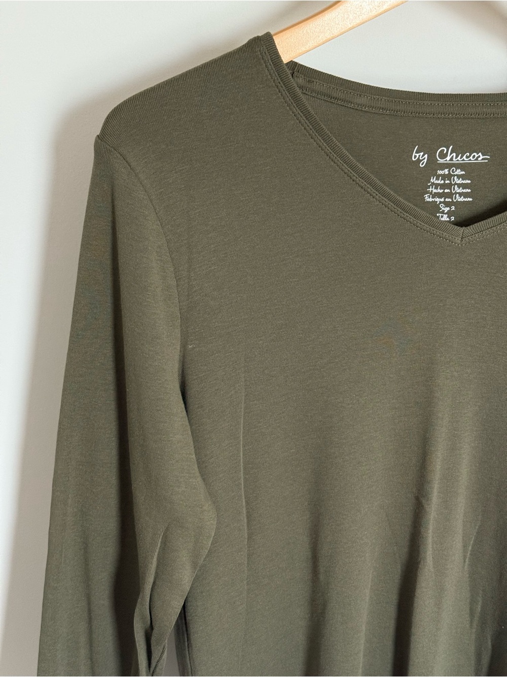NWT Chico’s Paige V-neck 3/4 Sleeve Top Olive Night Green 100% Cotton 2 Large - Picture 5 of 10